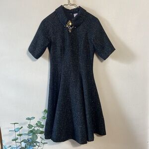 Miri NY Black Gold Metallic Dress Beaded Neck Fit Flare Holiday Party 4 Vintage